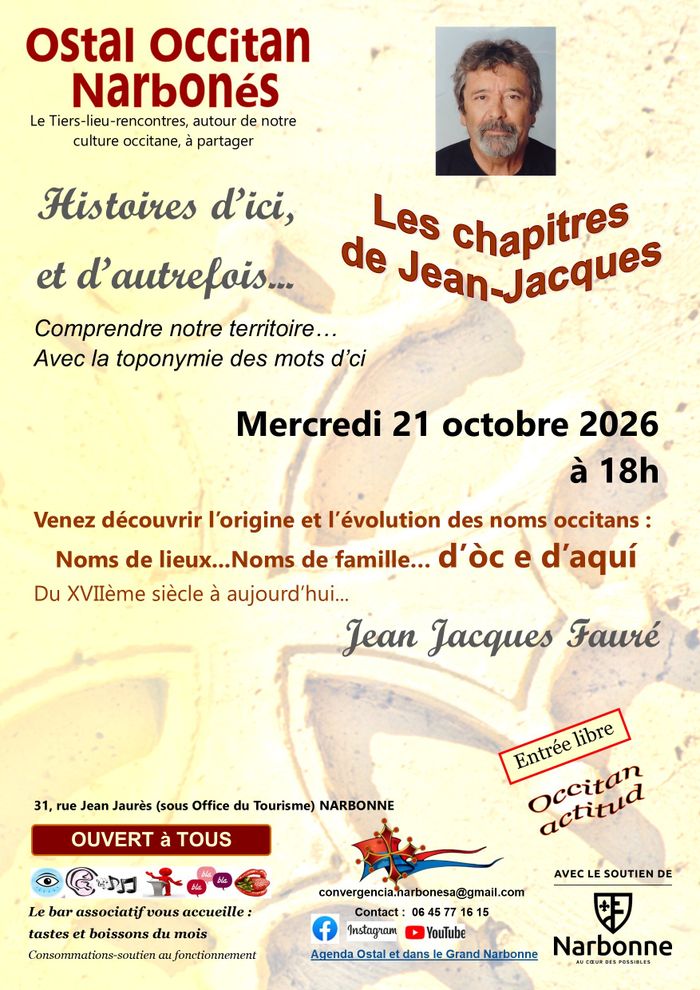 Venez découvrir la signification de votre nom de famille, nom de lieu... avec Jean-Jacques Fauré ! Les 3ème mercredi, venez échanger sur leur origine et leur histoire... pleine de péripéties...