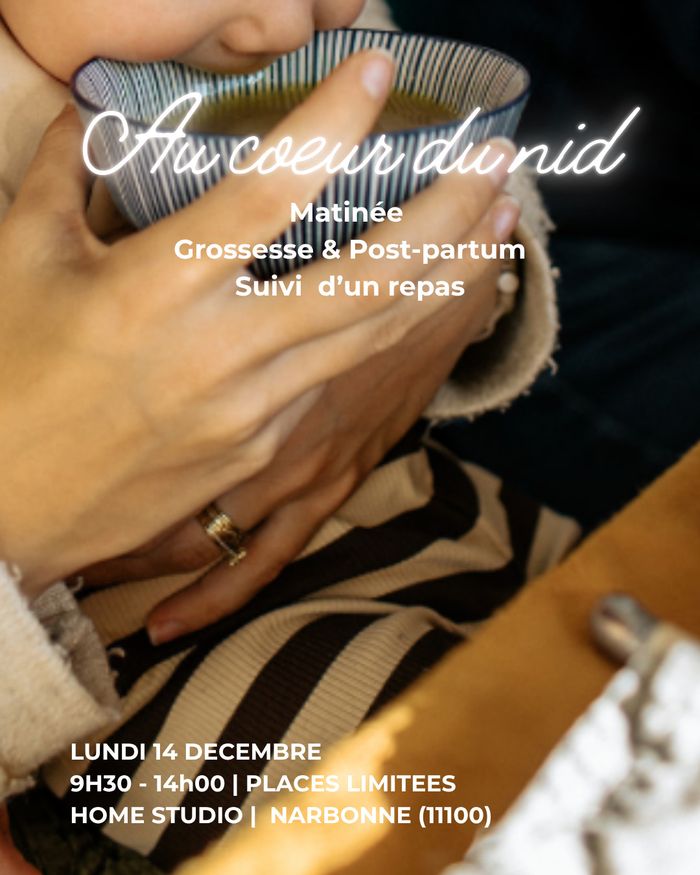 Accueil et cercle de discussion animé par Fiona, doula,Moment de relaxation guidée, Mini-shooting photo avec Agathe, photographe intimiste, Un délicieux déjeuner préparé avec amour par Florence.