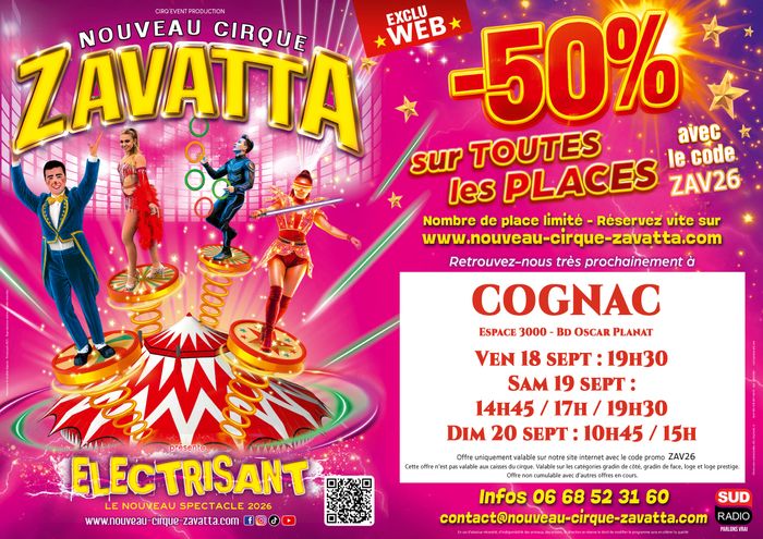COGNAC – Espace 3000 / Bd Oscar Planat Ven 18 sept : 19h30 Sam 19 sept : 14h45 / 17h / 19h30 Dim 20 sept : 10h45 / 15h