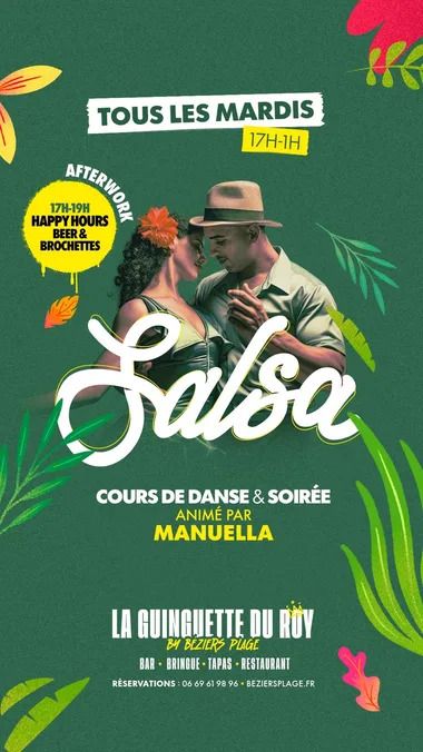 Manuela vous propose un cours de salsa suivi d'une soirée 100% salsa latino !  Tous les mardis, Manuela vous propose un cours de salsa suivie d'une soirée 100% salsa latino. Réservation conseillée.