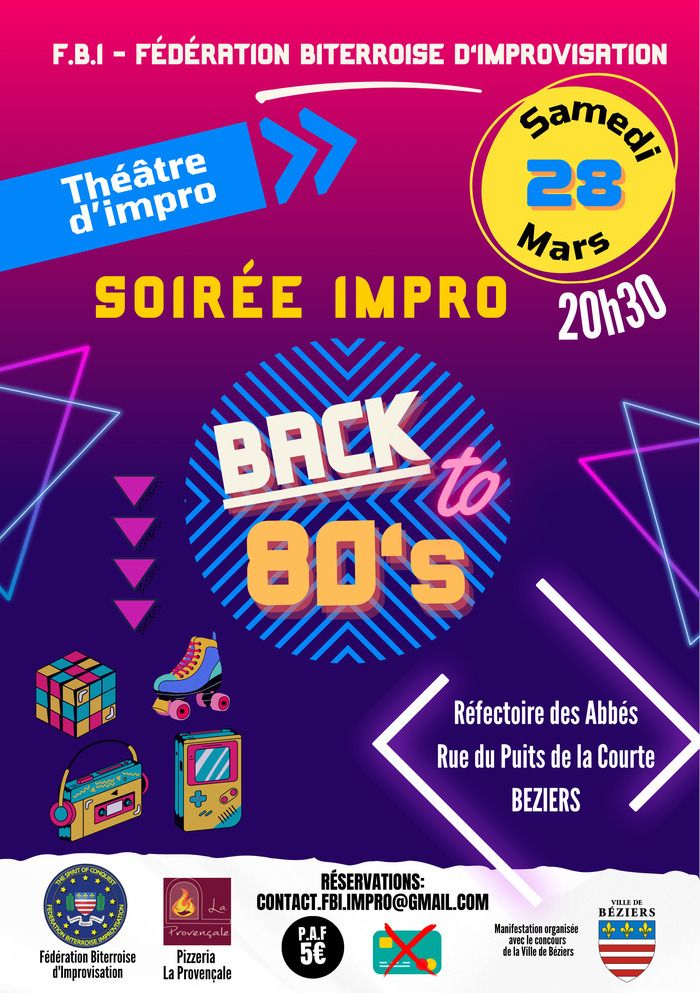 Samedi 28 mars à 20h30, on remonte le temps au Réfectoire des Abbés pour une soirée impro totalement rétro!Viens rire, proposer, chanter et voyager dans le temps avec nous !
