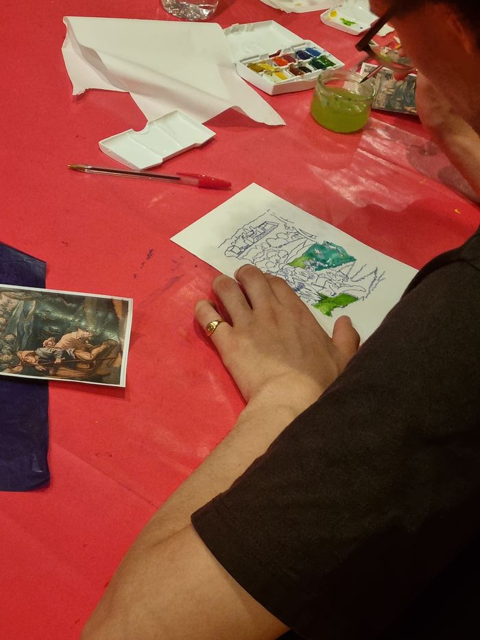 Ateliers de pratique artistique autour d'un décalque à l'huile paysagé.
