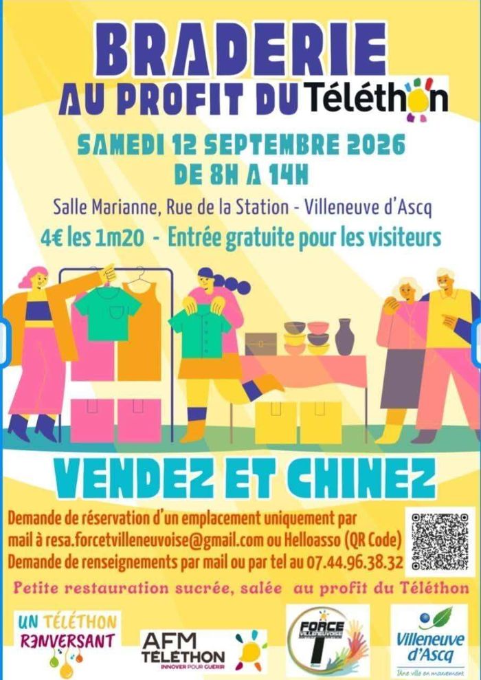 L'association Force T Villeneuvoise organise une braderie au profit du Téléthon samedi 12 septembre 2026 de 8h à 14h à la Salle Marianne.