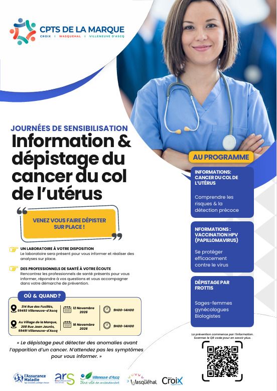 Deux journées de sensibilisation au cancer du col de l’utérus sont organisées à Villeneuve-d’Ascq les 12 et 16 novembre 2026, avec information, échanges et dépistage sur place.